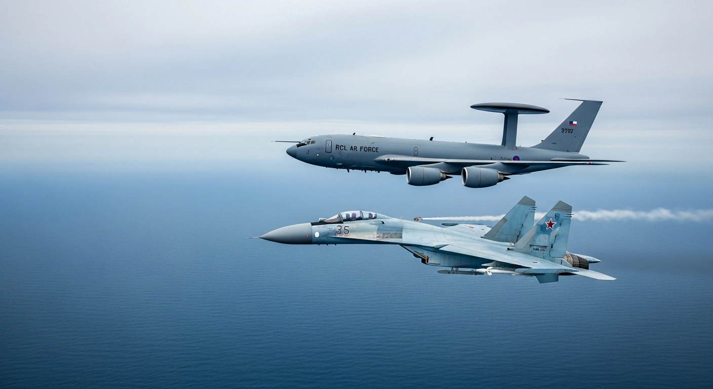 A Russian Su-27 fighter jet flies dangerously close to a Royal Air Force RC-135 surveillance plane over the Black Sea.