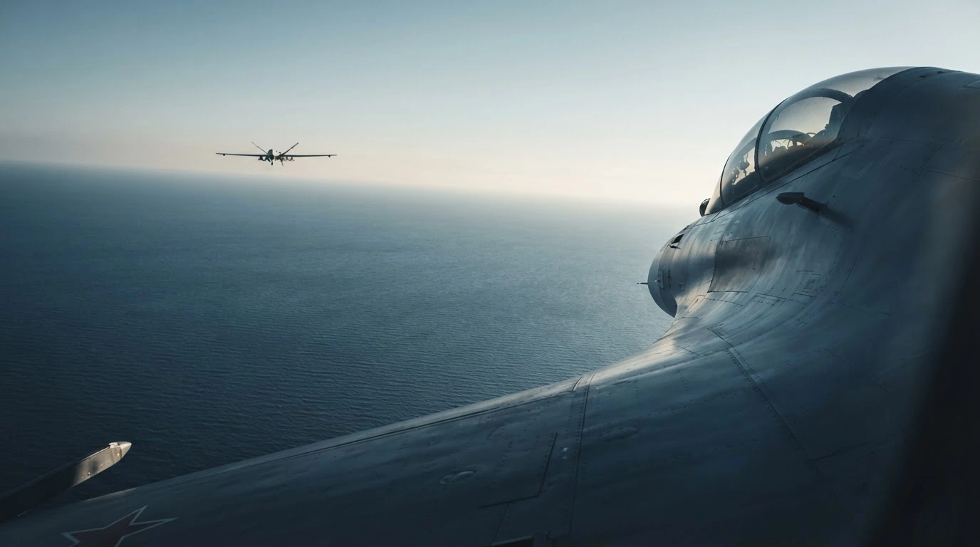 A Russian Su-30 fighter jet maneuvers in the sky near a U.S. MQ-9 Reaper drone over the Black Sea.