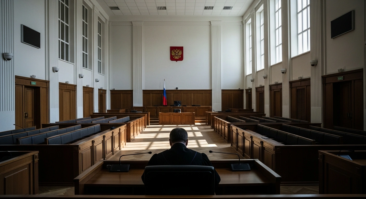 A stark, austere Russian courtroom is depicted with a single, imposing judge presiding under cold, clinical light, casting long shadows, symbolizing the tightening control of the judicial system as 100 individuals were sentenced to life imprisonment for offenses such as treason, sabotage, and terrorism.