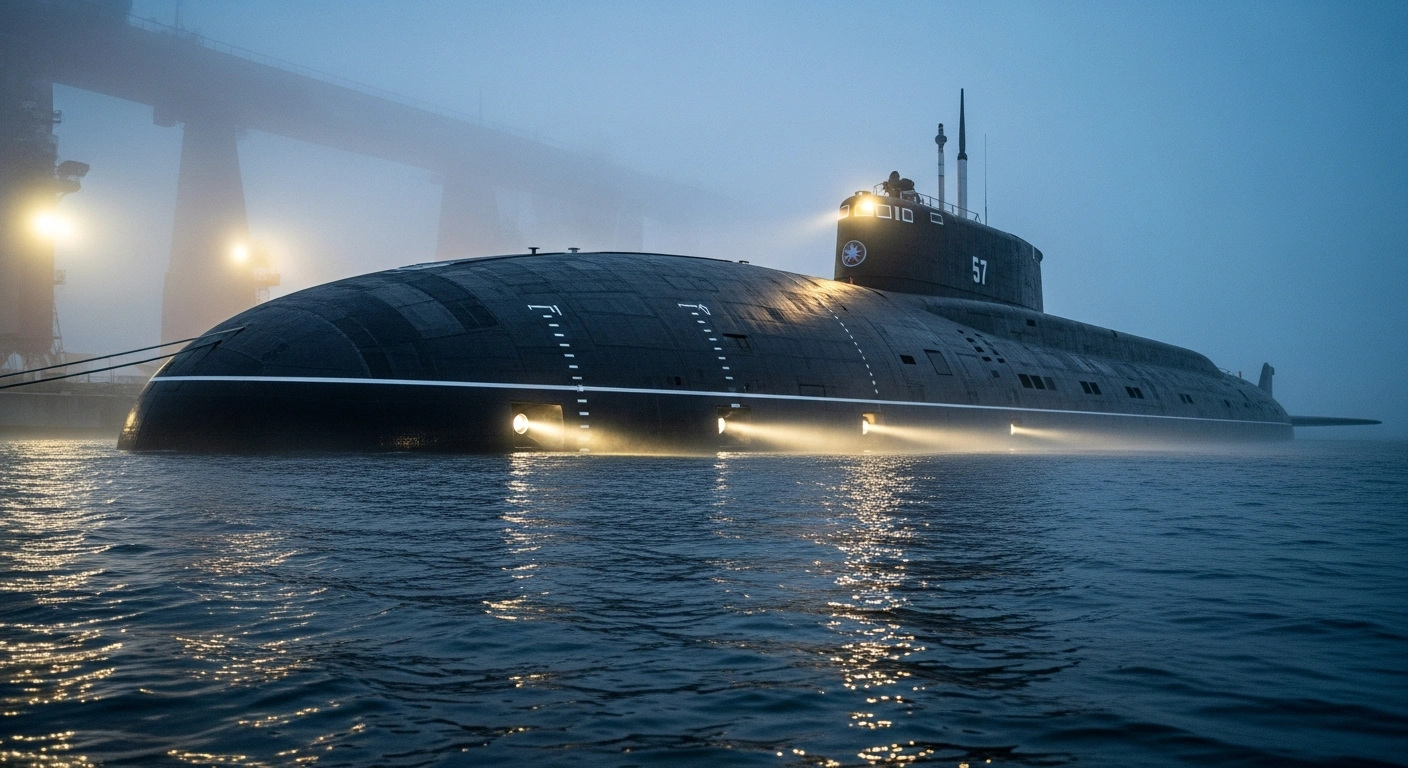 A colossal, sleek black Russian nuclear submarine, the 'Khabarovsk' (Project 09851), is partially submerged in dark water at the Sevmash shipyard in Severodvinsk, illuminated by dramatic spotlights, signifying its launch and capability to carry advanced underwater weapons like the Poseidon unmanned underwater vehicles.