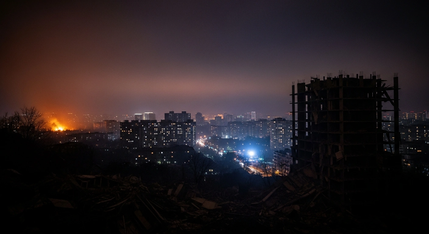 A wide-angle, low-light photograph of the Kyiv skyline at night, showing the city in darkness due to widespread power outages, with distant fires and the flashing lights of emergency vehicles visible after Russian drone and missile attacks on energy infrastructure and residential areas, which caused fatalities and injuries.