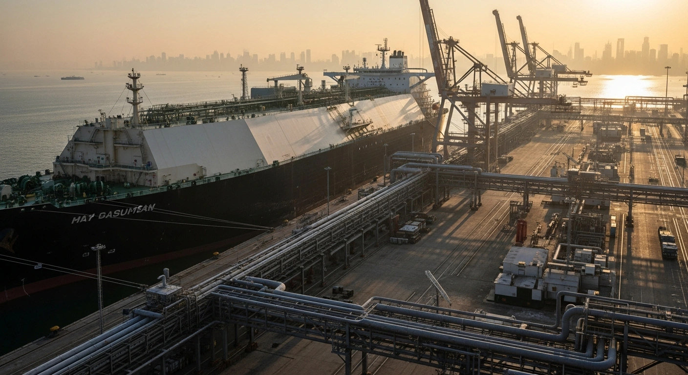 A colossal liquefied natural gas (LNG) tanker, likely Russian, is docked at a vast industrial port with the hazy Chinese coastline visible in the background, symbolizing Russia's record LNG exports to China driven by discounted fuel despite Western sanctions, surpassing Australia as a key supplier.