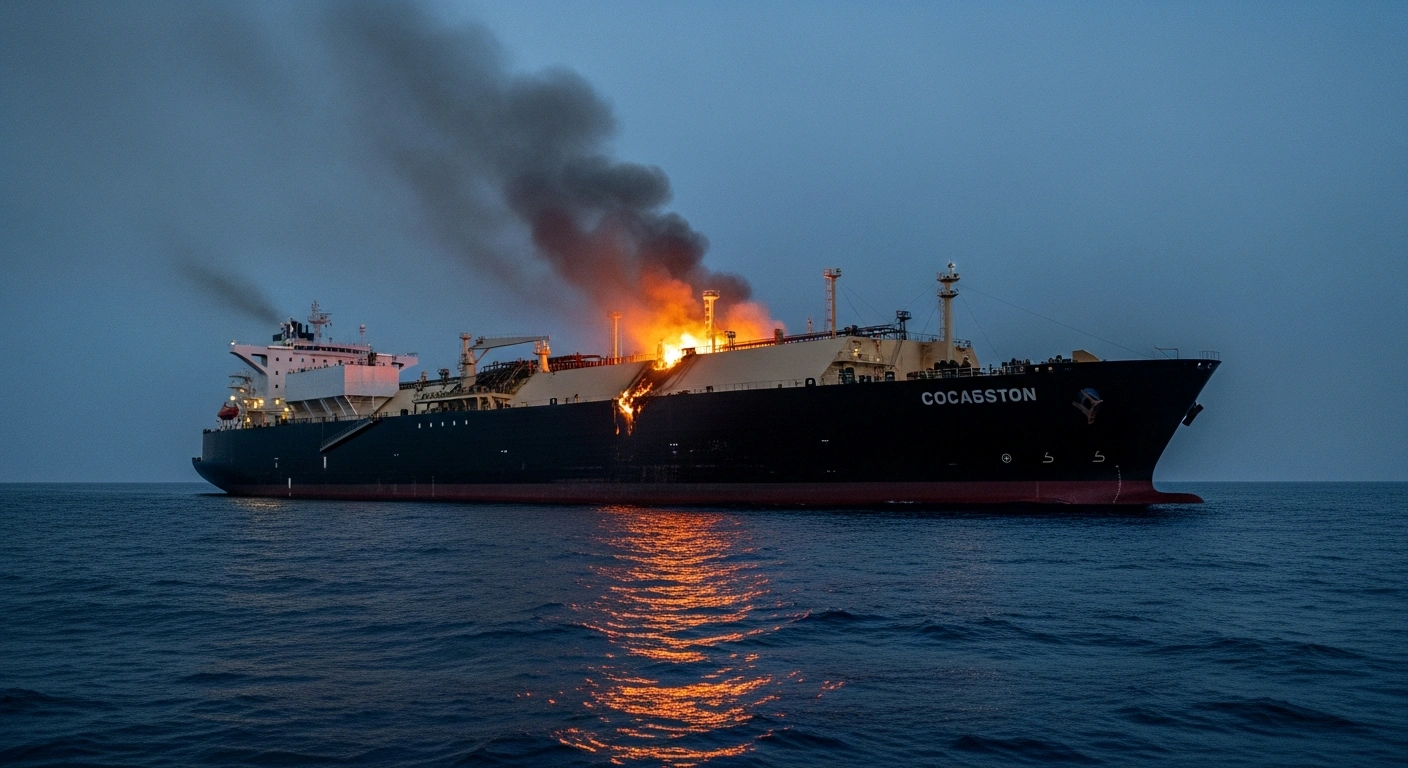 A damaged Russian LNG tanker sits in the Mediterranean Sea following an act of international terrorism that has heightened regional security tensions.