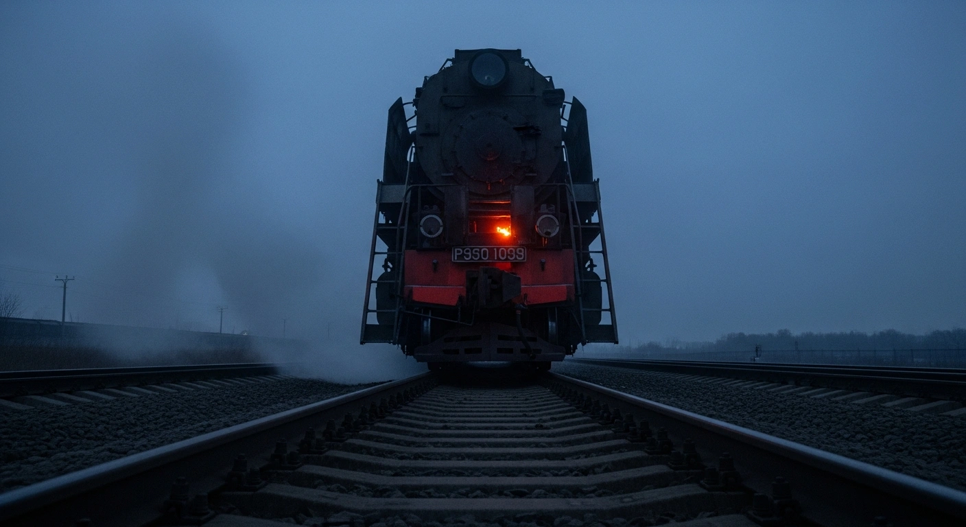 A disabled Russian military locomotive sits on dark tracks at night, its control systems damaged by an incendiary device, symbolizing the disruption of military supplies to the front lines in Ukraine by a resistance movement.