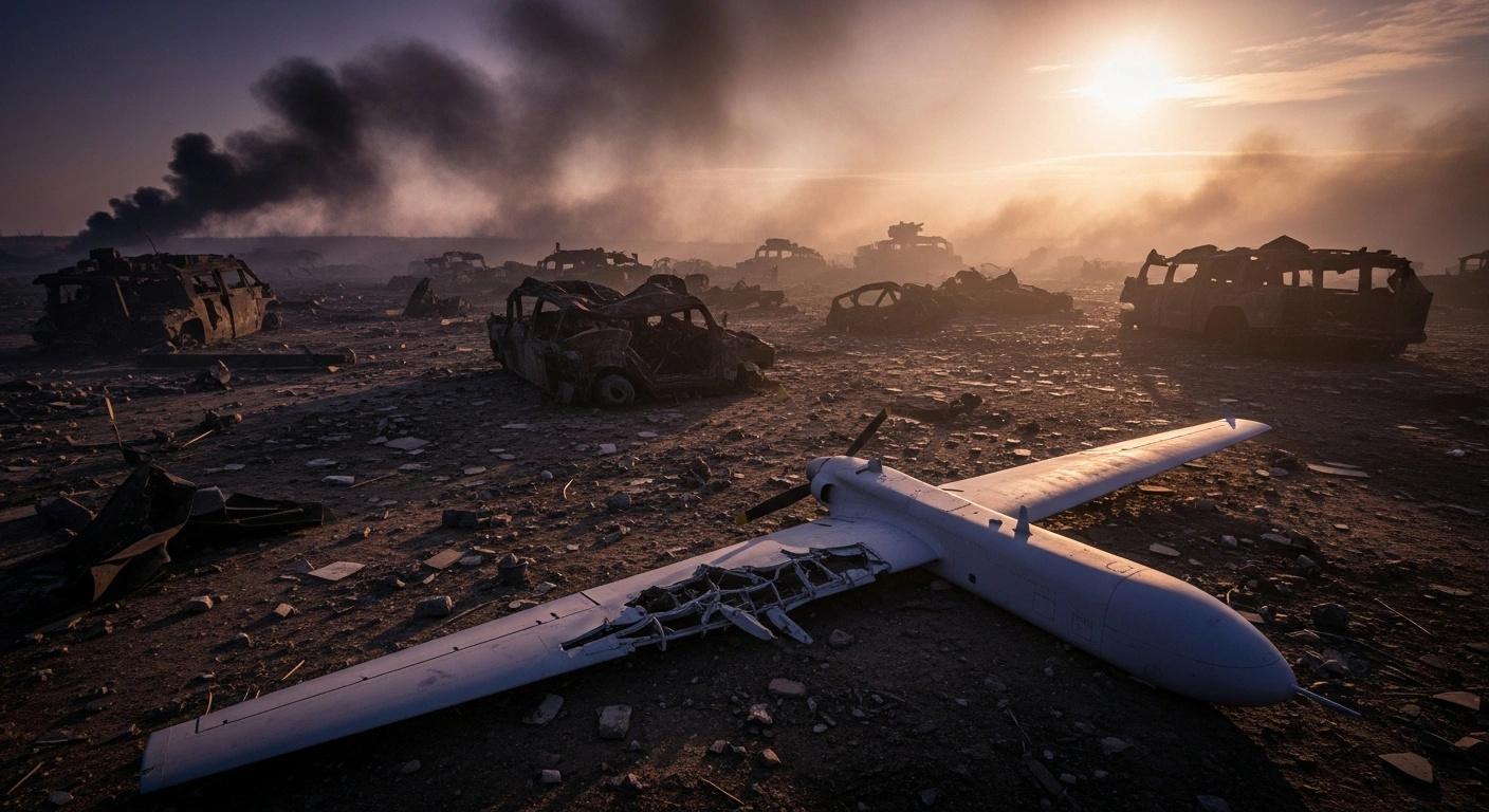 A wide, somber shot of a desolate, smoke-filled battlefield at dawn, strewn with wrecked military vehicles and a prominent broken drone wing, visually representing the substantial personnel and operational-tactical UAV losses incurred by Russian forces, as reported on January 5, 2026, contributing to cumulative totals exceeding 1.2 million personnel.