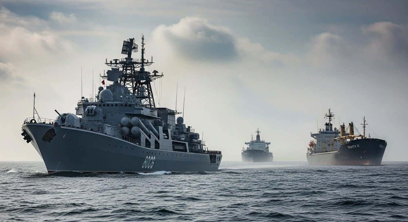 A Russian maritime convoy, led by the destroyer Severomorsk and followed by two cargo ships, MYS ZHELANIYA and SPARTA IV, navigates choppy waters south of the Portuguese coast under an overcast sky.