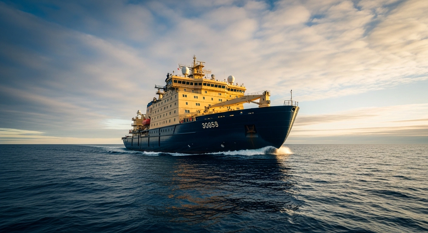 A large Russian icebreaker ship navigates through icy waters to represent the strategic importance of the maritime and river fleet industry.