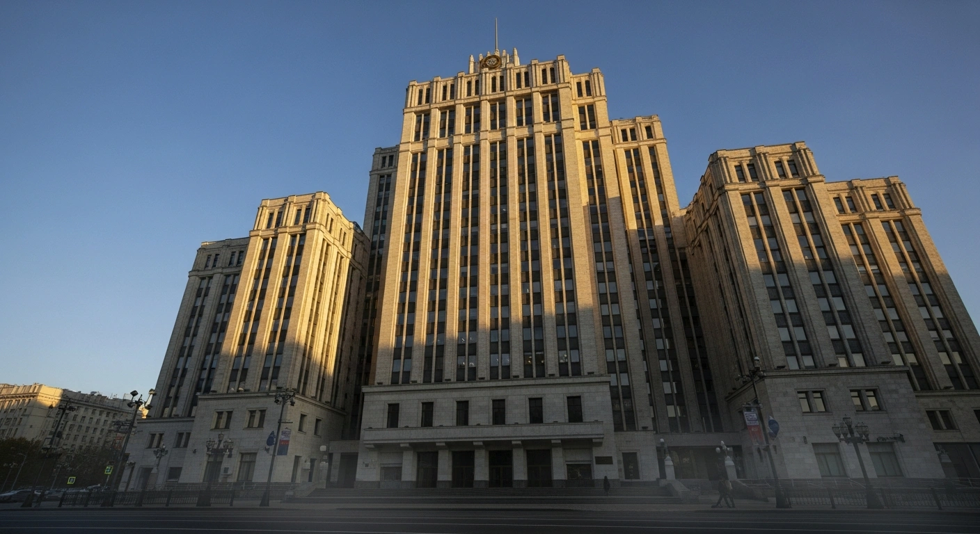 A grand, modern stock exchange building in Moscow is illuminated by the warm light of a rising sun, symbolizing the Russian stock market rally and investor optimism following a US-Russian peace proposal aimed at ending the conflict in Ukraine.