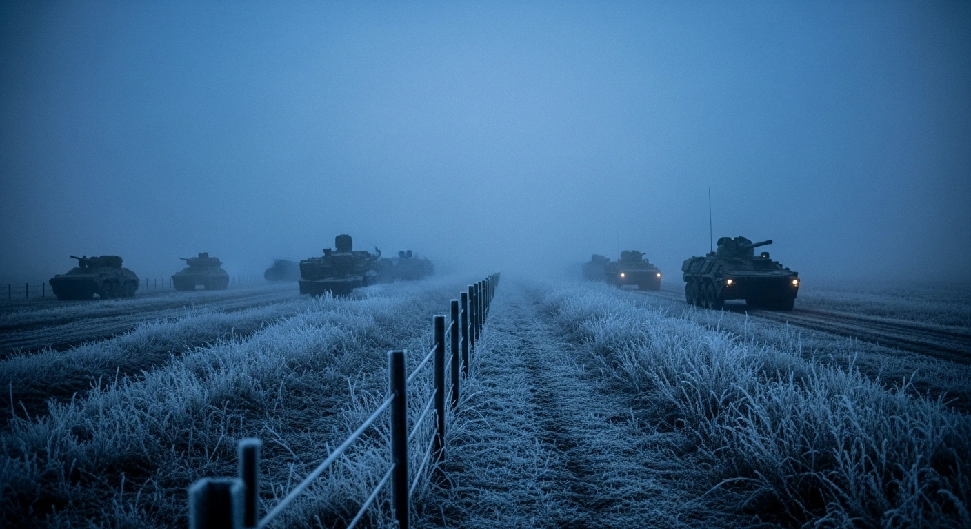 Military vehicles and equipment are positioned along a border near the Baltic region as part of a Russian military buildup.