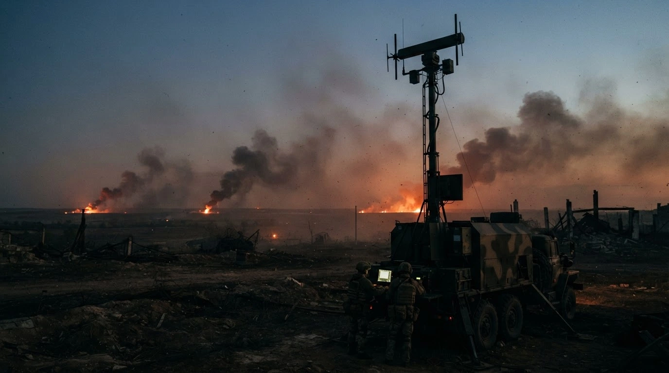A military radar system monitors the sky during a conflict as smoke rises from distant transport infrastructure following Russian aerial operations.