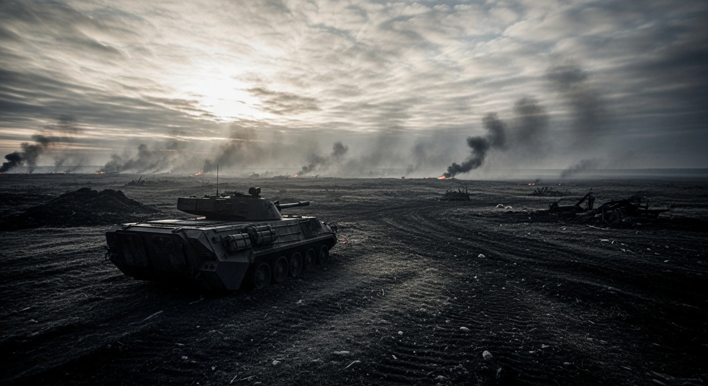 A destroyed Russian armored vehicle sits on a desolate, smoke-filled battlefield following heavy combat losses reported by the Ukrainian Armed Forces.