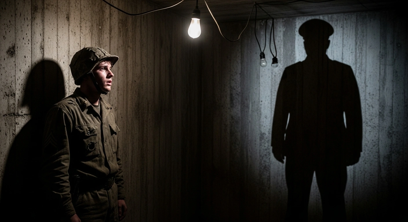 A gaunt soldier in a tattered uniform stands against a concrete wall in a dimly lit bunker, illuminated by a single bare bulb, as the elongated shadow of a commander looms over him, symbolizing extrajudicial killings in the Russian military.