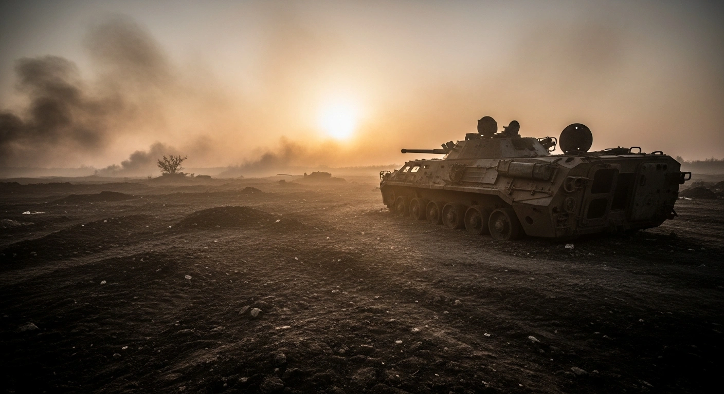 The smoldering wreckage of destroyed Russian military hardware lies on a desolate battlefield during the ongoing conflict in Ukraine.