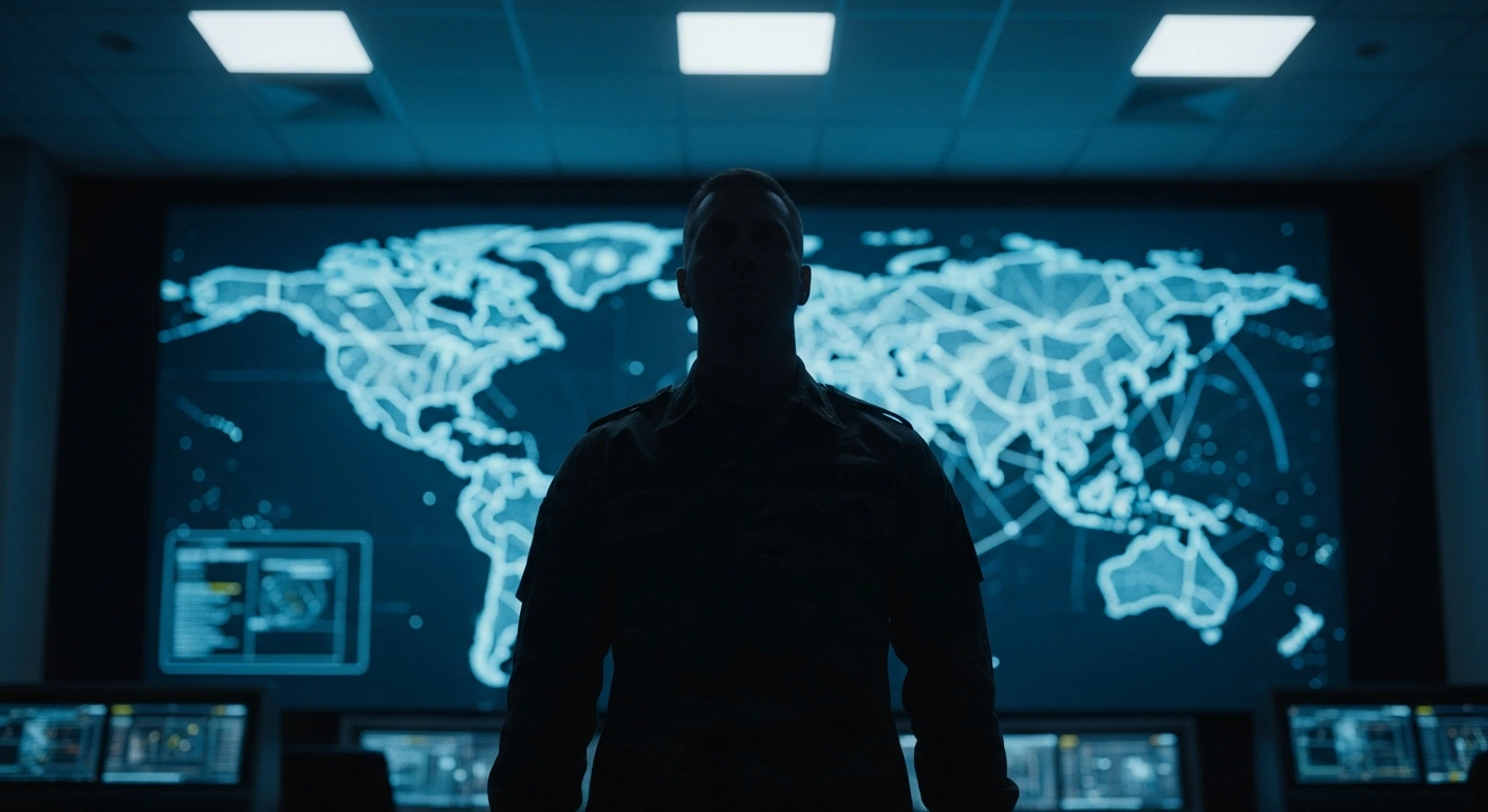 A military commander stands in a command center in front of a digital world map, representing the Russian government's expanded authority for international military deployment.