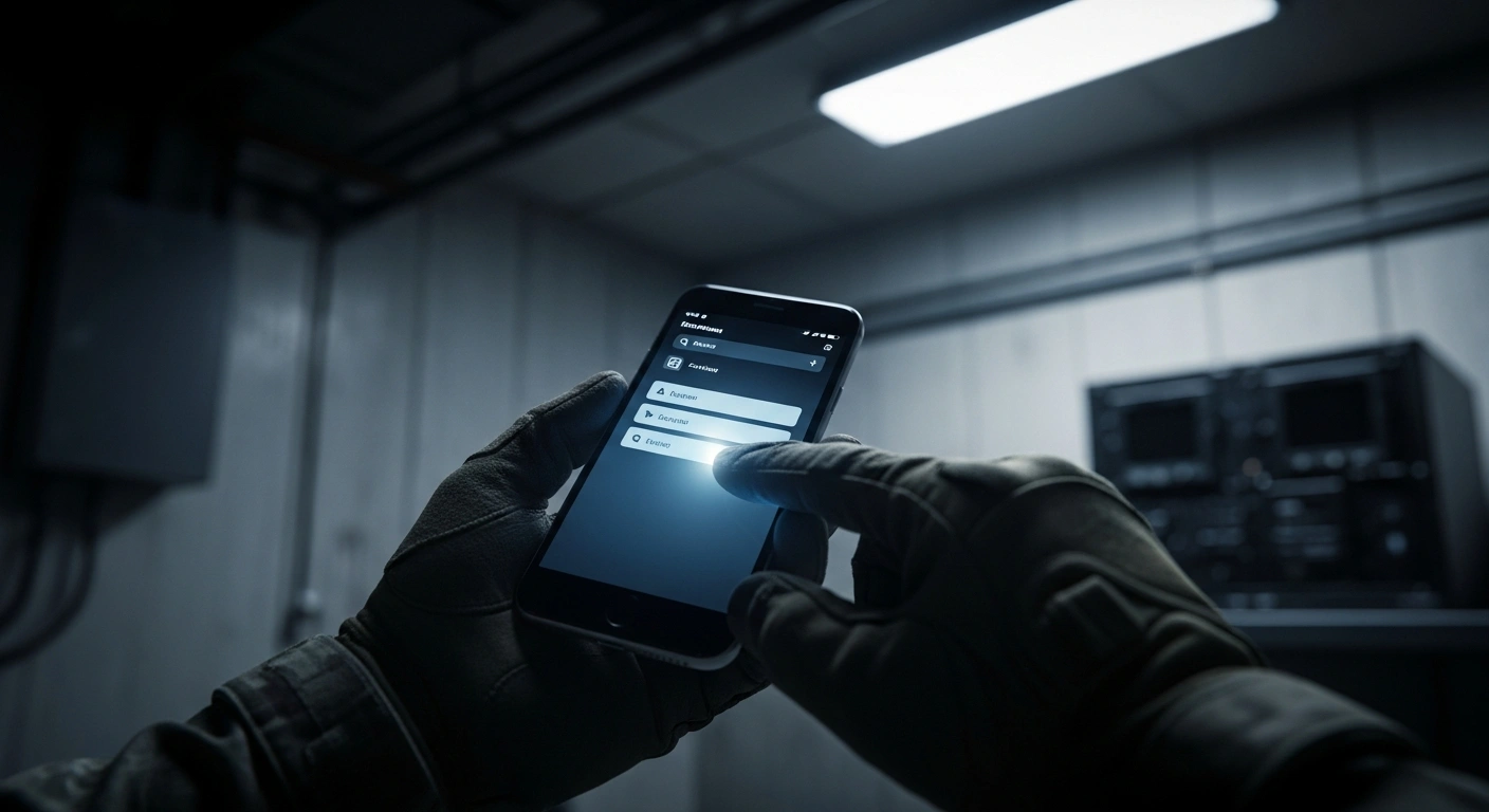 A Russian military soldier holds a smartphone in a dimly lit bunker as part of a directive to remove messaging applications for operational security.