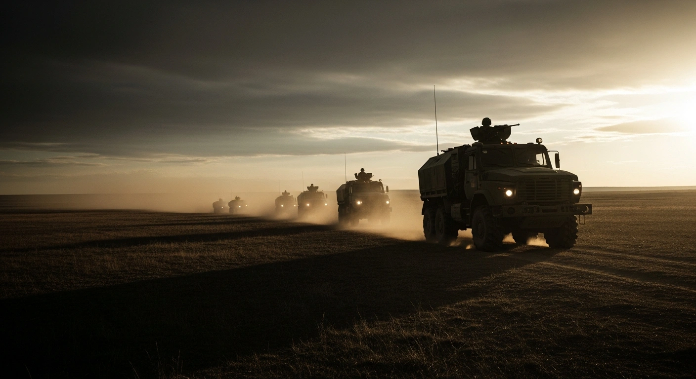 Russian elite airborne and naval infantry units redeploy in military vehicles across a vast, dusty landscape toward the southern front.