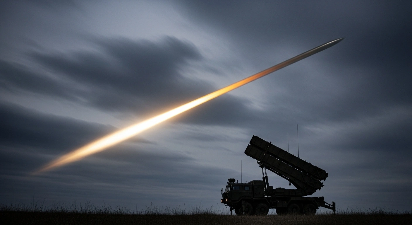 A hypersonic ballistic missile, representing an upgraded Russian Iskander-M or Kinzhal, streaks across a dark, stormy Ukrainian night sky, effortlessly bypassing a US Patriot air defense system in the foreground.