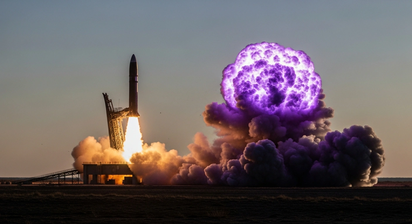 A large Russian missile, suspected to be an RS-28 Sarmat or UR-100N with an Avangard hypersonic glide vehicle, is shown exploding into a distinctive purple plume shortly after a failed launch from the Yasny test site, indicating potential toxic propellant release.