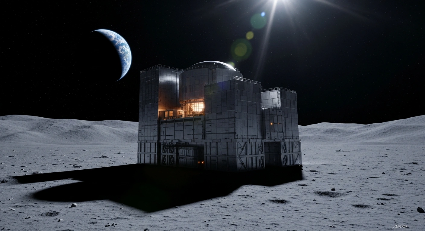 A futuristic Russian nuclear power plant stands prominently on the desolate lunar surface under harsh sunlight, designed to power Russia's lunar program and the joint International Lunar Research Station by 2036.