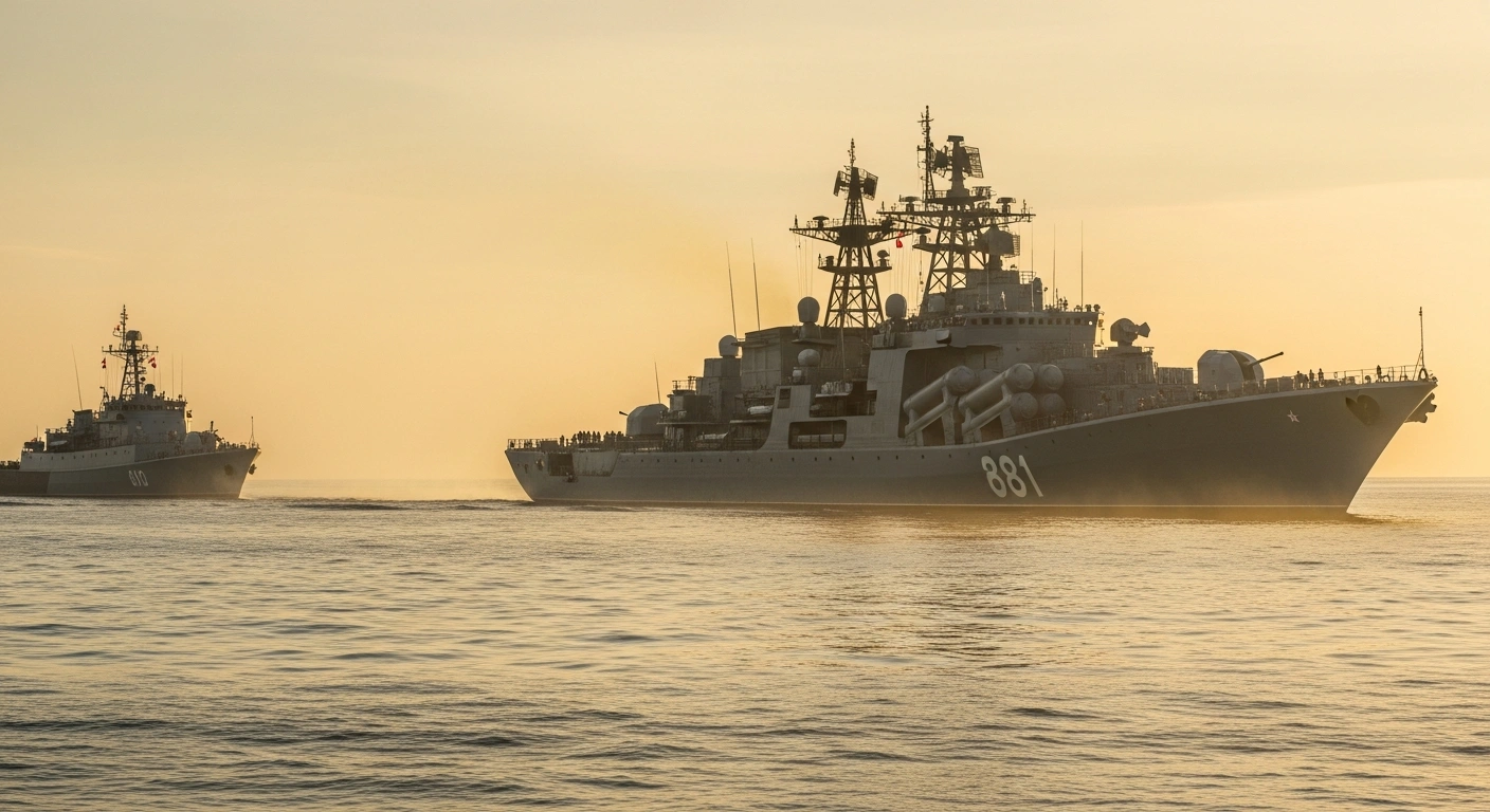 A majestic Russian Navy destroyer, likely the RFS Marshal Shaposhnikov, sails alongside a Myanmar naval vessel in the Andaman Sea at dawn, symbolizing their joint participation in the 'Marumex 2025' naval exercise near Yangon.