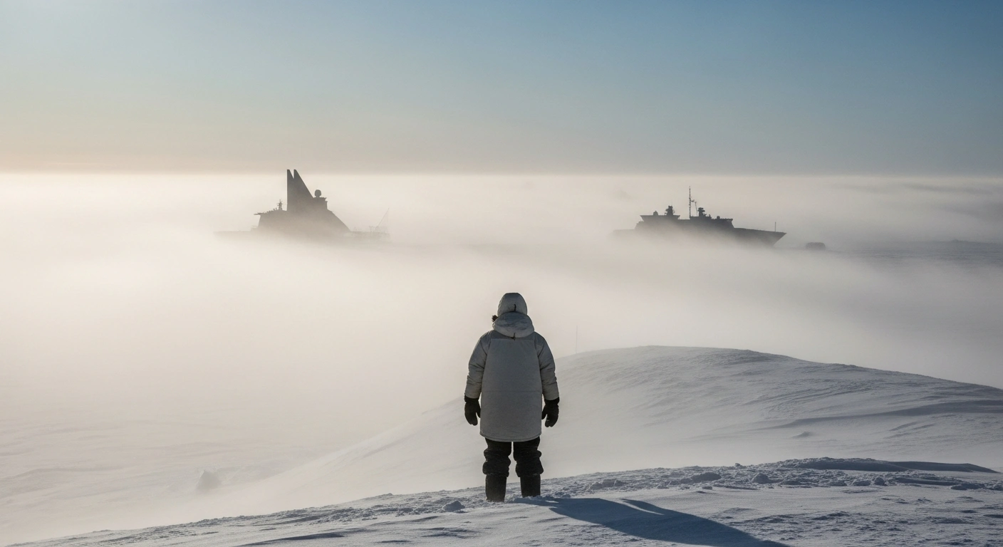 A lone figure stands on a snowy Arctic ridge, looking towards distant military infrastructure, symbolizing Russian concerns about NATO's militarization of the Arctic and escalating international tensions.