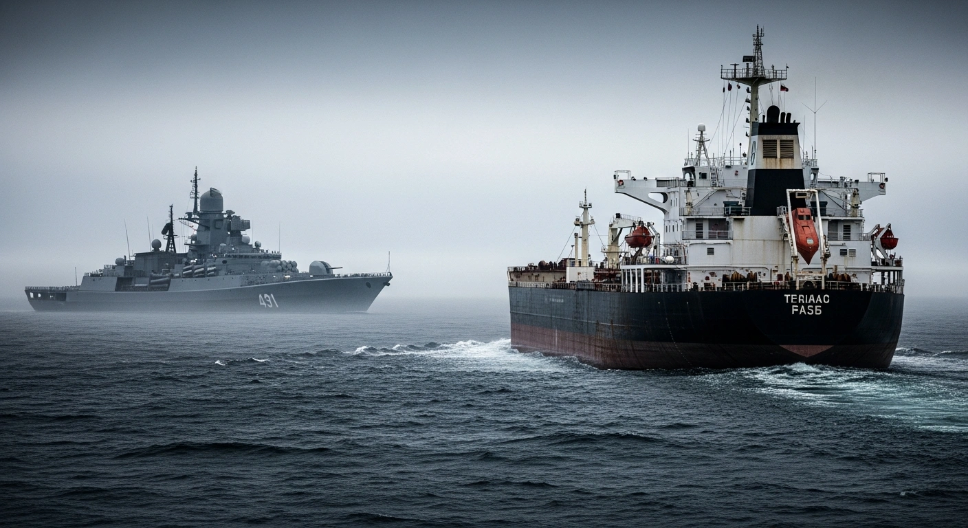 A Russian naval warship escorts a large oil tanker through dark, choppy waters to protect the vessel from international sanctions.