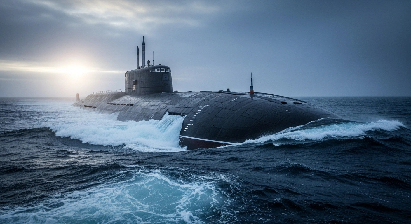 A Russian Borei-class nuclear submarine surfaces in icy waters to demonstrate the combat readiness of the Russian Federation's naval strategic nuclear forces.