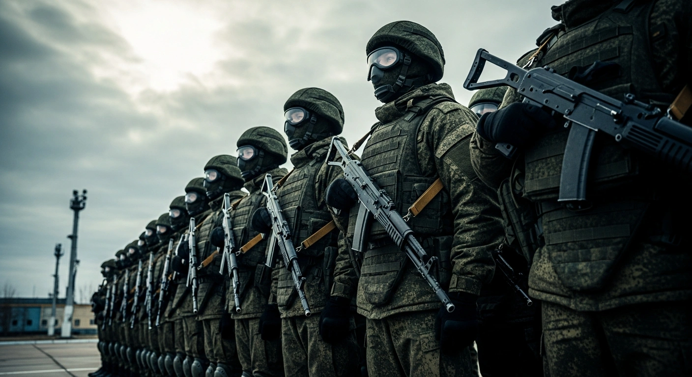 Russian NBC defense soldiers stand in a disciplined formation to represent the 39th Regiment receiving a prestigious honorary title.