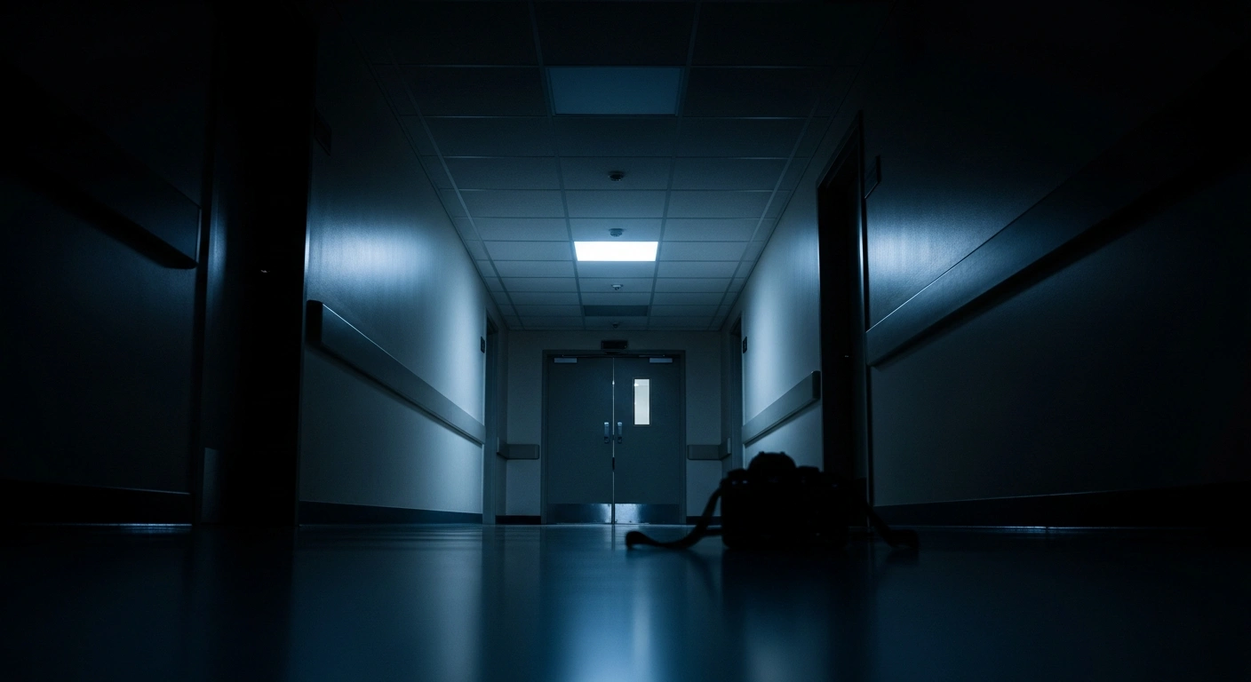 A stark, empty hospital corridor with cold, blue-white lighting, symbolizing the ongoing criminal investigation into the deaths of nine newborns at Maternity Hospital No. 1 in Novokuznetsk, Siberia, amidst allegations of negligence and staffing shortages.