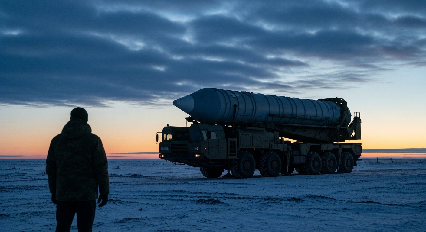 A wide, cinematic shot at pre-dawn shows a massive, mobile intercontinental ballistic missile launcher on a desolate, snow-dusted plain, symbolizing Russia's nuclear triad development and strategic deterrence, with a lone figure observing in the foreground.