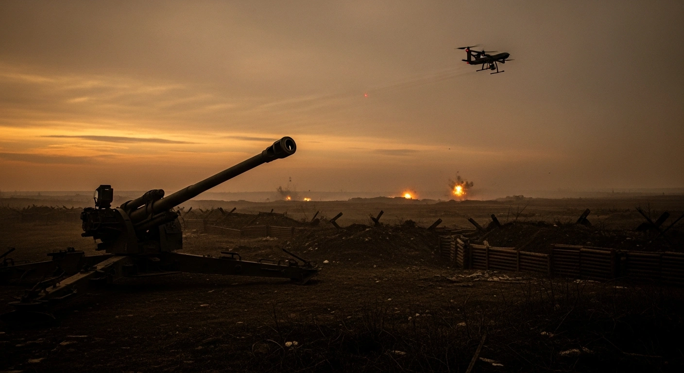 A wide, low-angle view of a desolate, war-torn landscape in Donetsk at dusk, showing a large artillery piece in the foreground, distant explosions illuminating a fortified trench line, and an ominous drone flying overhead, representing Russian forces' extensive artillery and drone preparations for a projected Spring-Summer 2026 offensive targeting Ukraine's 'Fortress Belt' in Donetsk Oblast.