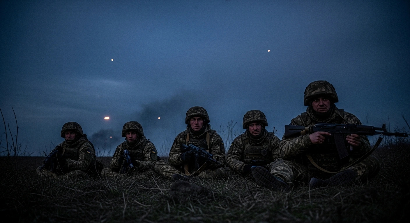 A low-angle shot shows Ukrainian soldiers, silhouetted against a pre-dawn sky, vigilantly scanning a war-torn landscape with distant flashes of light and smoke plumes, depicting their defense against Russian offensive pressure and drone attacks.
