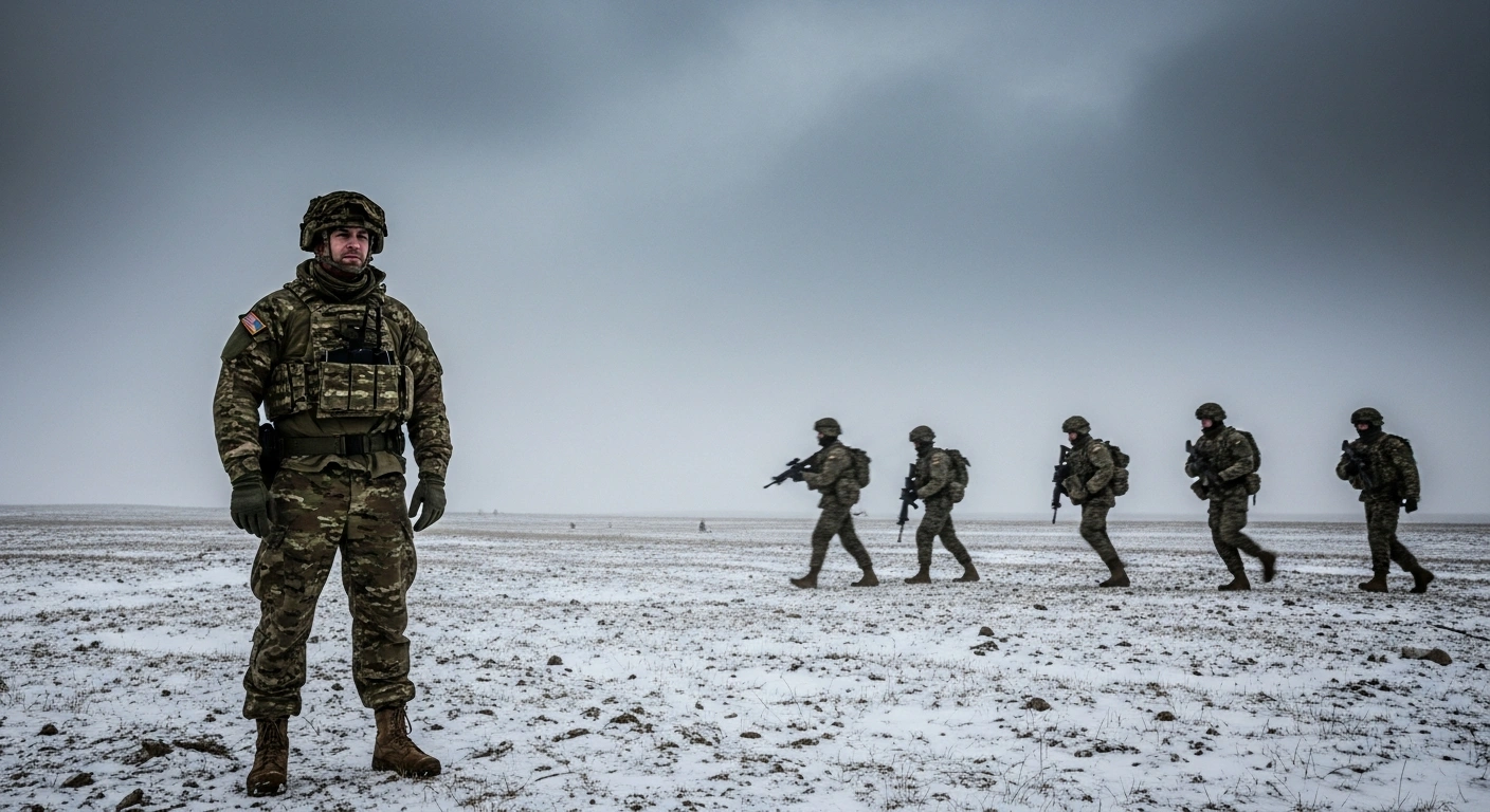 A former Russian military recruitment officer, looking vulnerable and out of place in ill-fitting combat gear, stands in a desolate, snow-dusted landscape under a leaden sky, with blurred figures of hardened assault troops in the background, symbolizing his reassignment to the front lines due to recruitment shortfalls.
