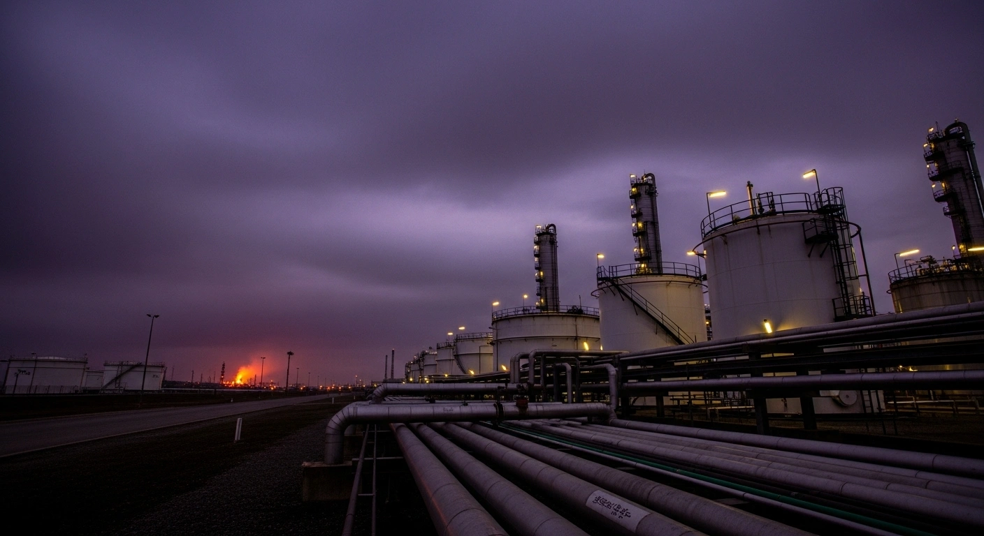 A wide, low-angle view of a colossal Russian oil refinery at dusk, with massive storage tanks and pipelines illuminated by harsh floodlights under a hazy, purple sky, symbolizing the vulnerability of critical oil infrastructure to drone attacks.