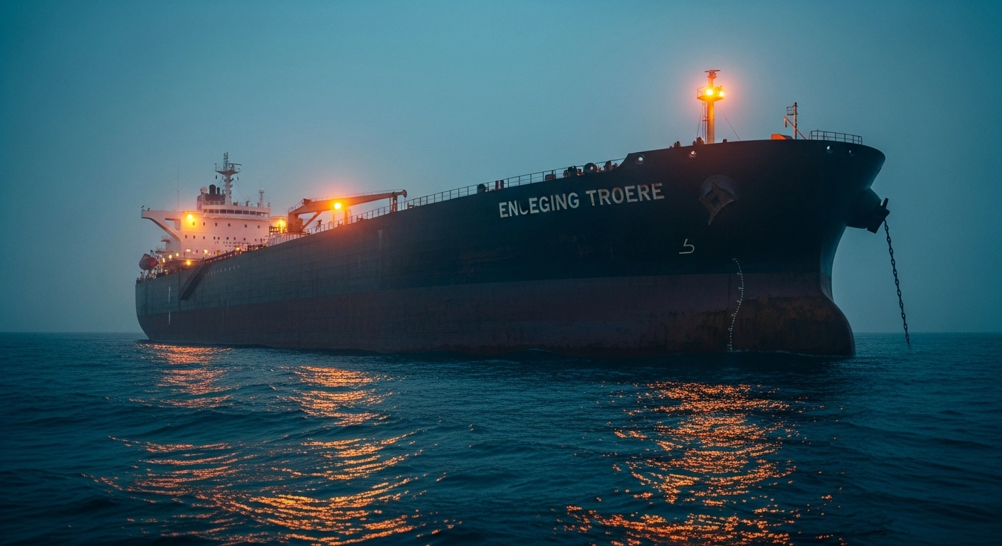 A large oil tanker sails across a dark ocean, representing the impact of global energy market volatility on Russian crude oil exports and state revenue.