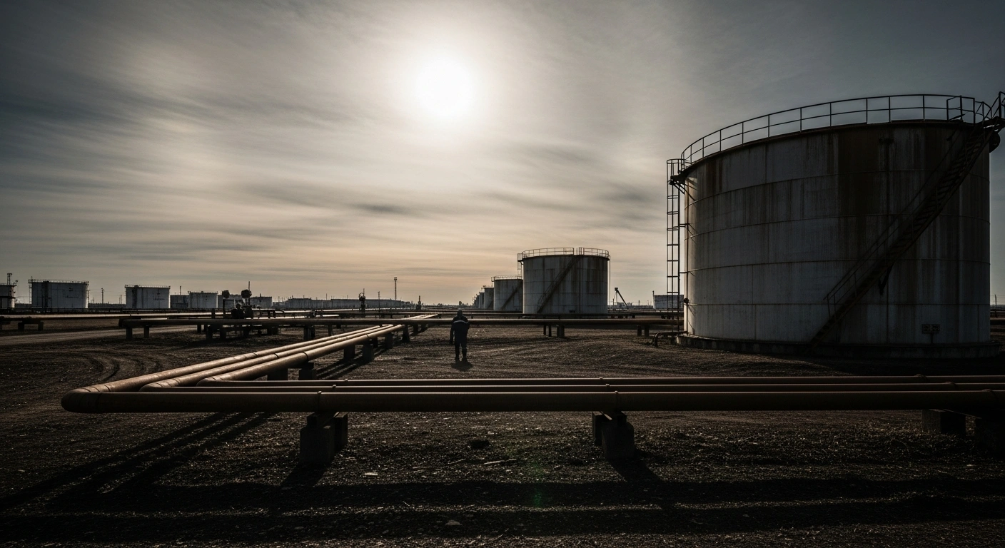 A wide shot of a desolate Russian oil field at dusk features rusting pipelines and colossal, empty storage tanks under an overcast sky, symbolizing the sharp decline in Urals crude prices due to reduced purchases by India and China, and the impending US sanctions on Russian oil giants Rosneft and Lukoil.