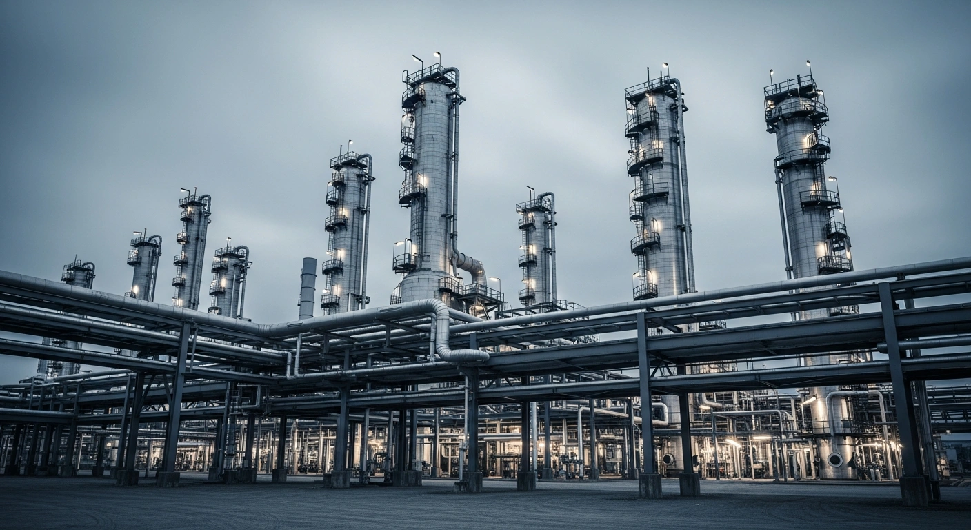 A vast Russian oil refinery complex stands under a cloudy sky, representing the projected stability of national oil production in 2026.