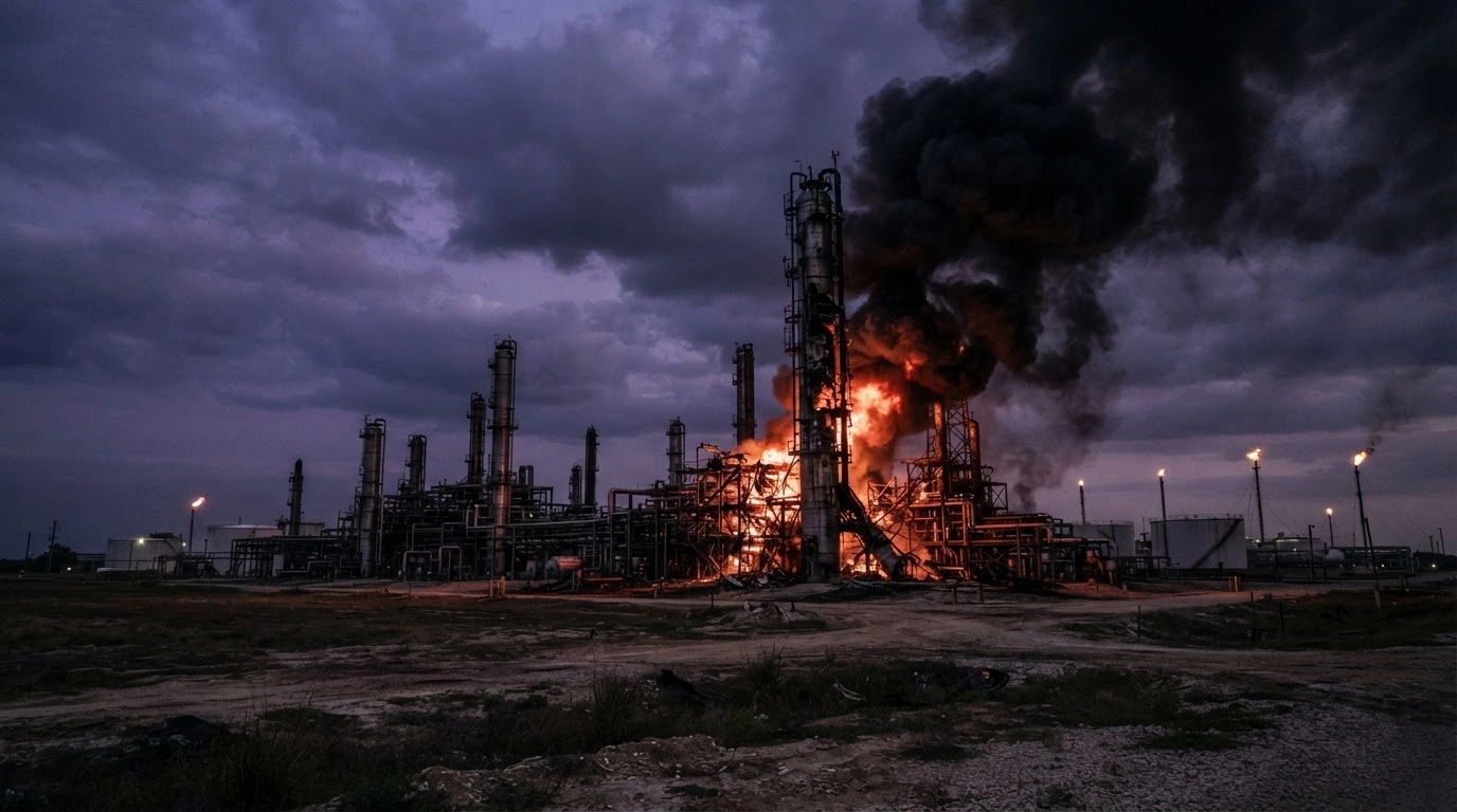 A damaged Russian oil refinery burns under a dark sky following a targeted drone strike on critical energy infrastructure.