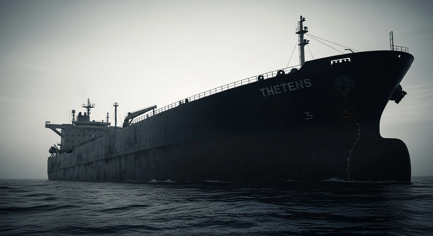 A large oil tanker sits idle in the ocean as the United States tightens economic sanctions on Russian seaborne oil exports.