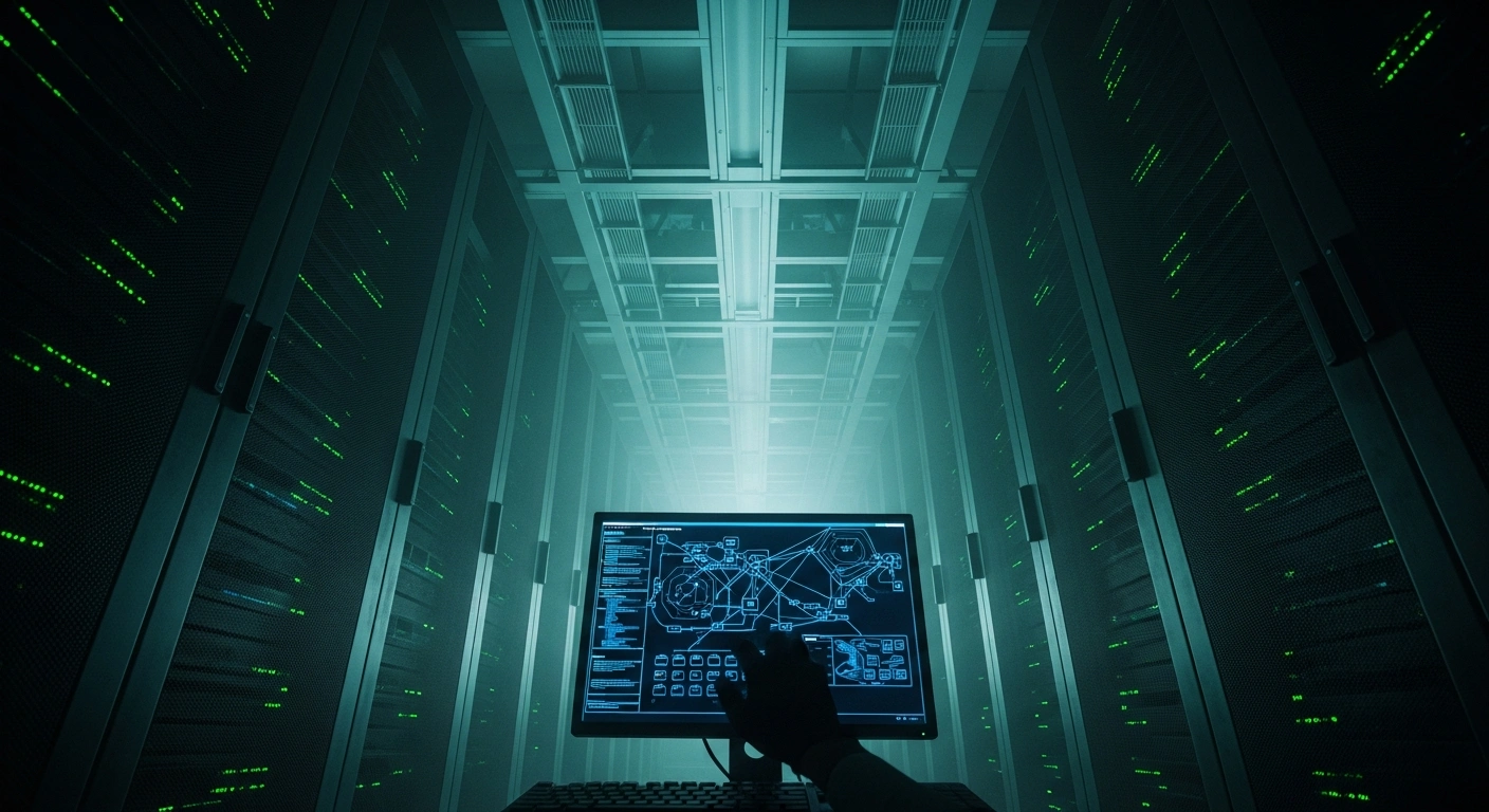 A low-angle shot of a dimly lit server room, where glowing indicator lights illuminate towering racks of servers, and a gloved hand hovers over a keyboard in front of a screen displaying a complex network diagram, symbolizing a clandestine Russian oil smuggling operation linked to Rosneft and challenging international sanctions.