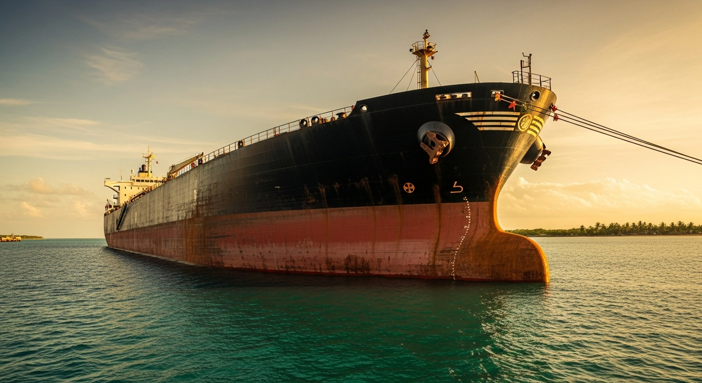 A large Russian-flagged oil tanker arrives at a Cuban port to deliver a shipment of crude oil during an energy crisis.