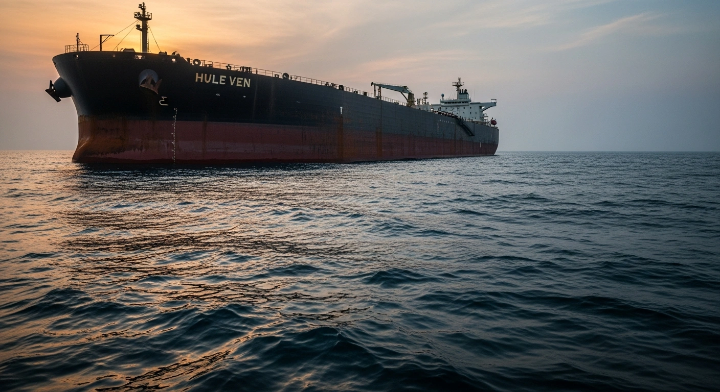 A large oil tanker sits stranded in the middle of the ocean representing the shipment of Russian oil awaiting processing by Indian refiners under a US Treasury waiver.