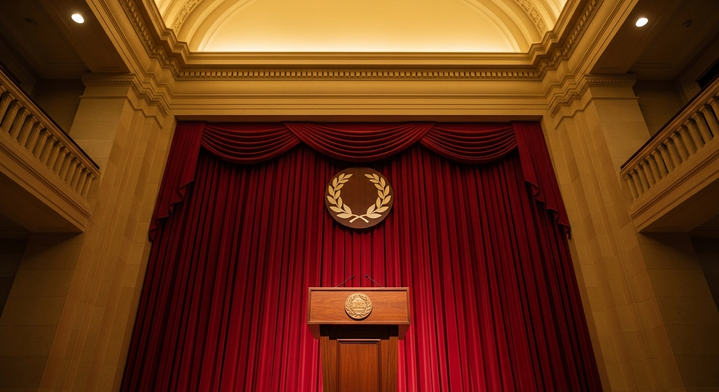A formal, empty podium stands in a grand, illuminated hall to commemorate the 115th anniversary of the Russian Olympic Committee.