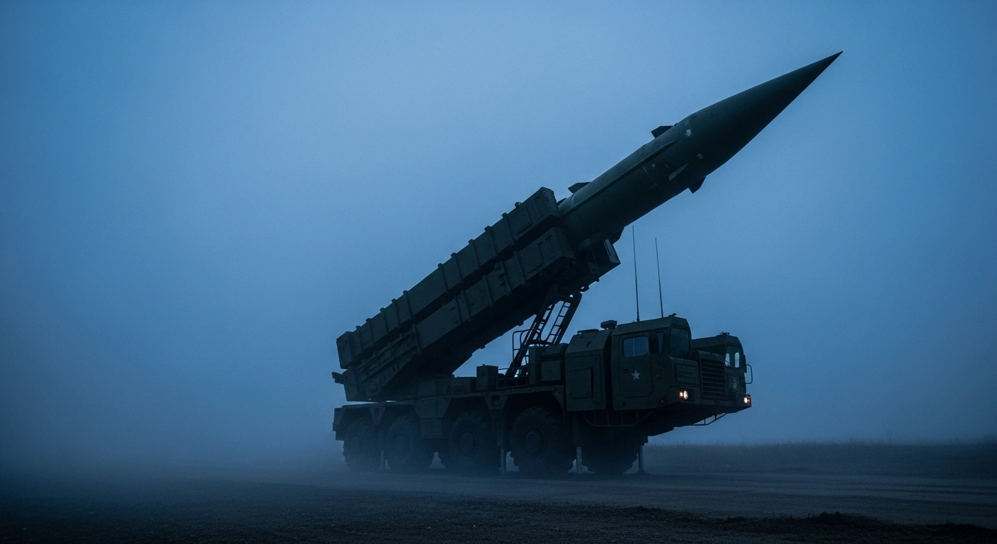A powerful, dark Russian Oreshnik intermediate-range ballistic missile system on a mobile launcher is depicted at twilight in Belarus, angled upwards and ready for combat duty, symbolizing its new, difficult-to-intercept capability in the region.
