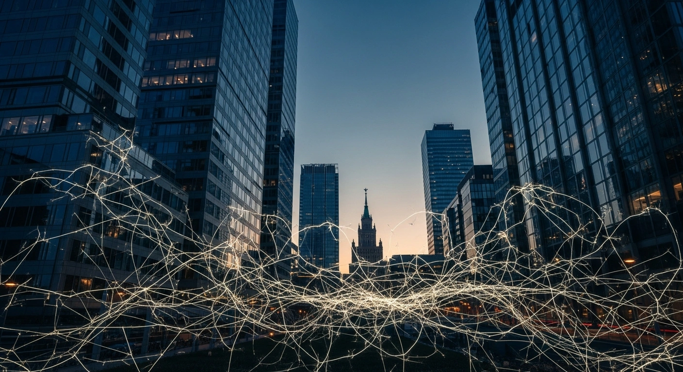 A twilight scene of a modern European financial district with a complex network of glowing lines intertwining among corporate buildings, and a subtle Russian-inspired architectural spire rising above, symbolizing increased Russian ownership in EU companies despite sanctions.