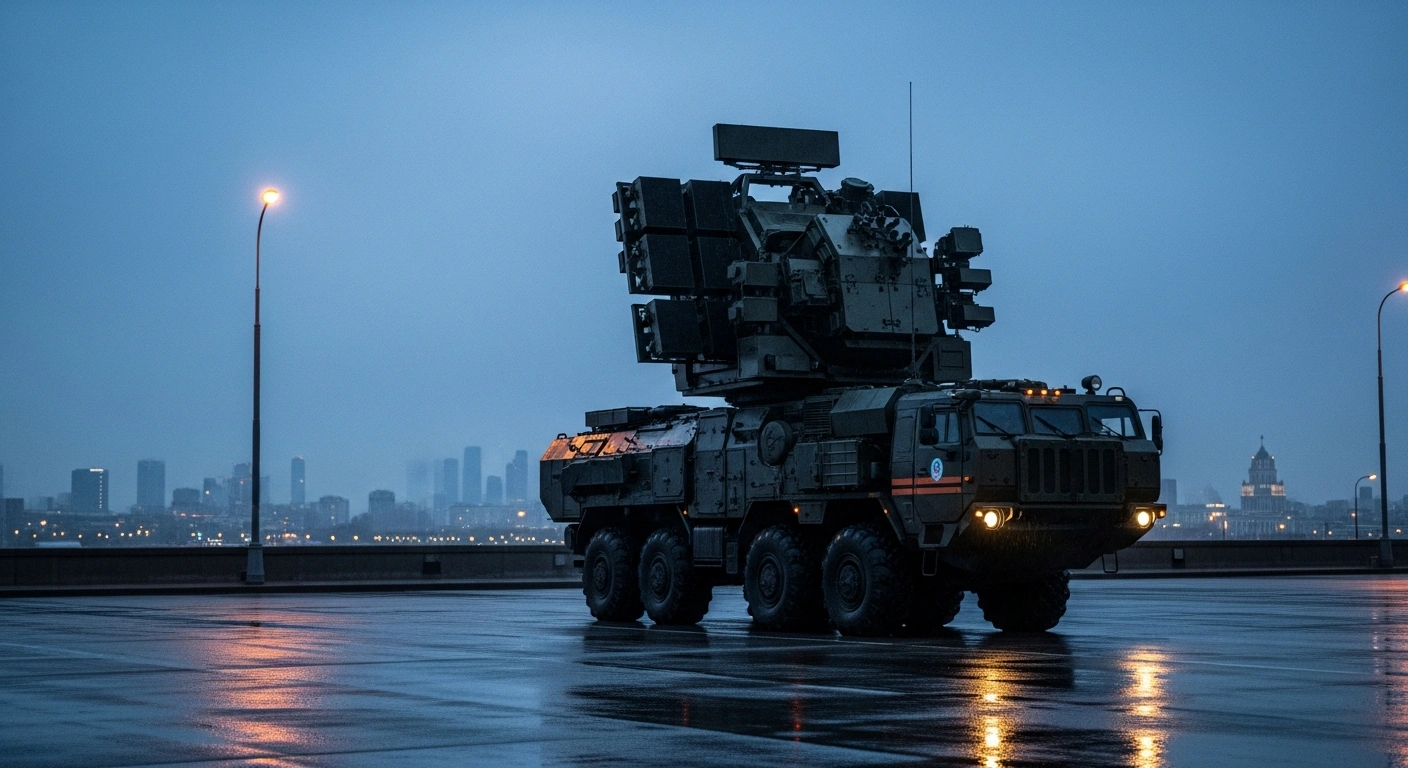 A Russian Pantsir-S1 air defense system is stationed on a city street in Moscow to protect infrastructure from potential drone attacks.