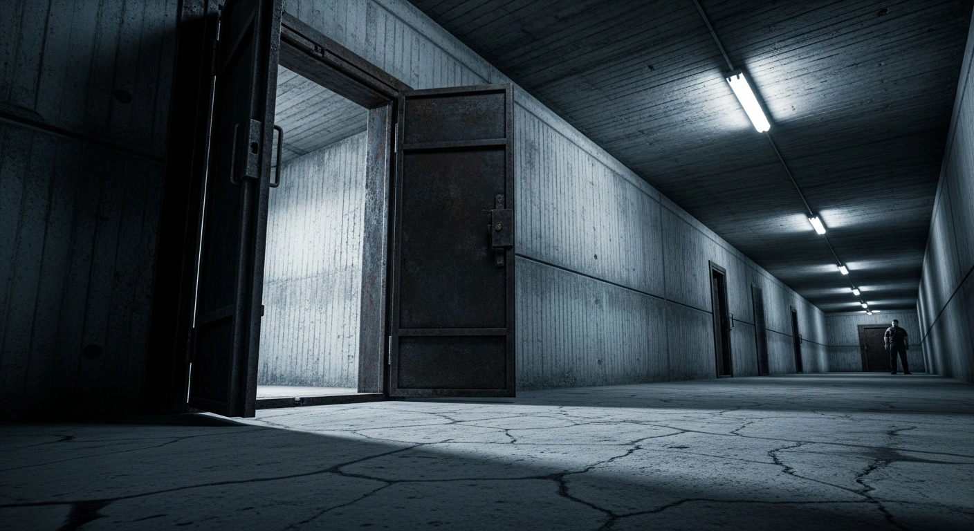 A dark, ominous hallway inside a high-security Russian penal colony where two physicists were imprisoned for treason related to hypersonic missile technology.
