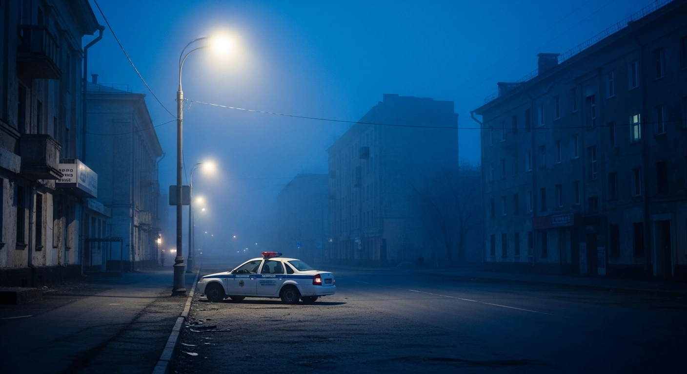 An empty police patrol car sits on a dark, deserted city street in Russia, illustrating the severe staffing shortage within the Ministry of Internal Affairs.