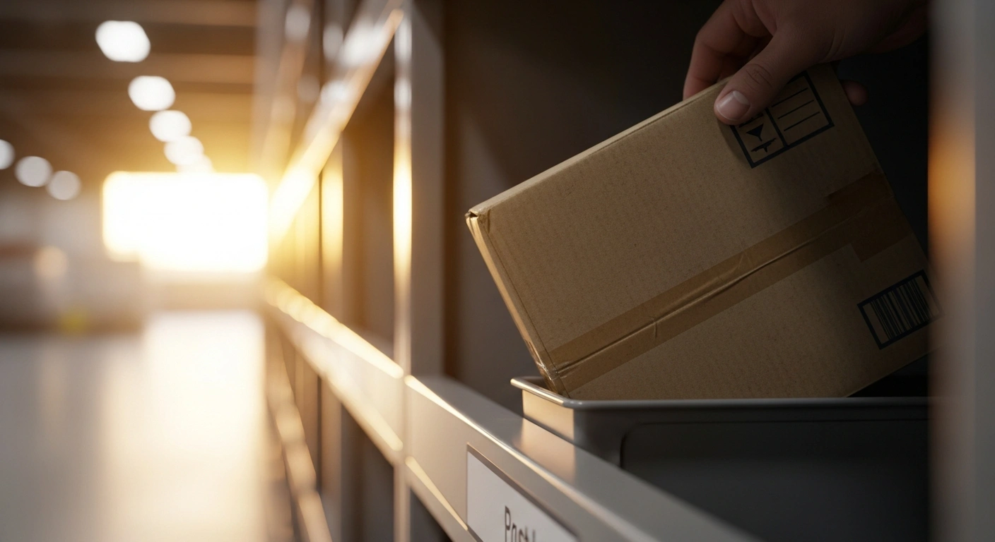 A parcel is being processed in a logistics facility as Russian Post resumes mail delivery services between Russia and the United States.