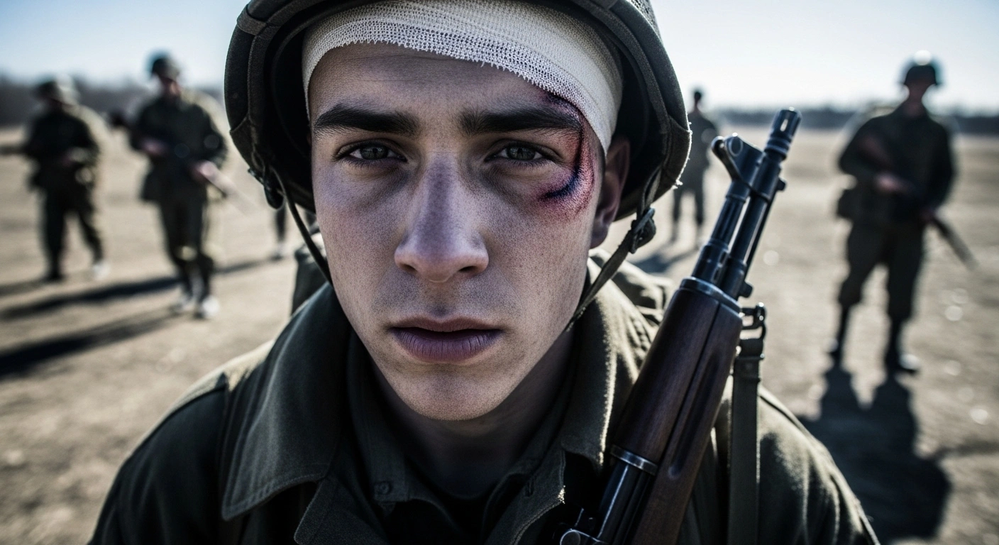 A close-up shot shows a weary Russian soldier, recently repatriated as a prisoner of war from Ukraine, with a visible, poorly bandaged head wound, holding a rifle in a desolate staging area, symbolizing his return to combat without medical care.